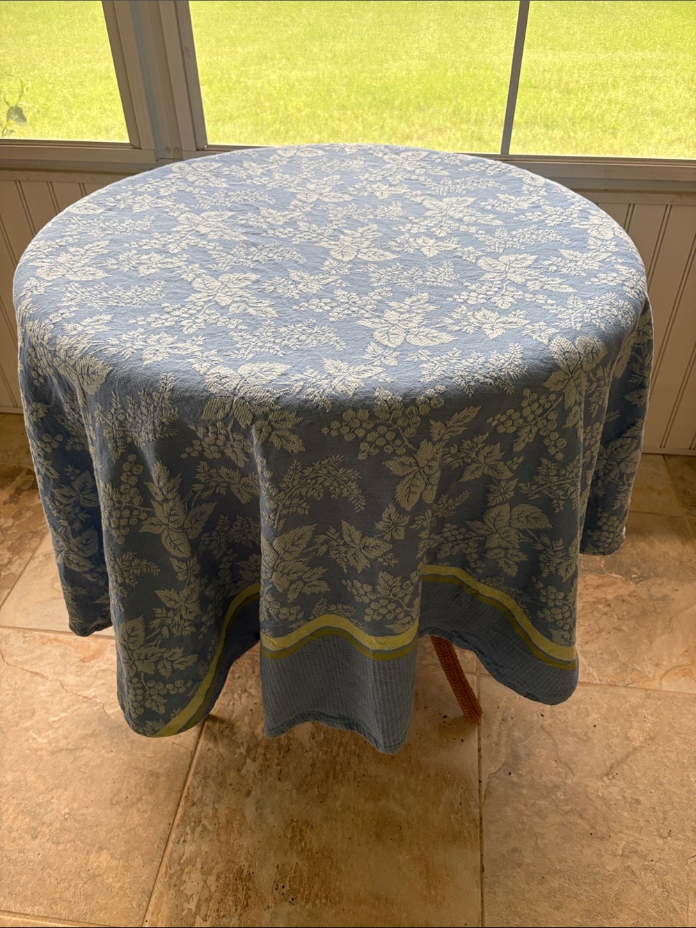 Martha Stewart Blue Floral Round Tablecloth with Green Accent, 70 inches